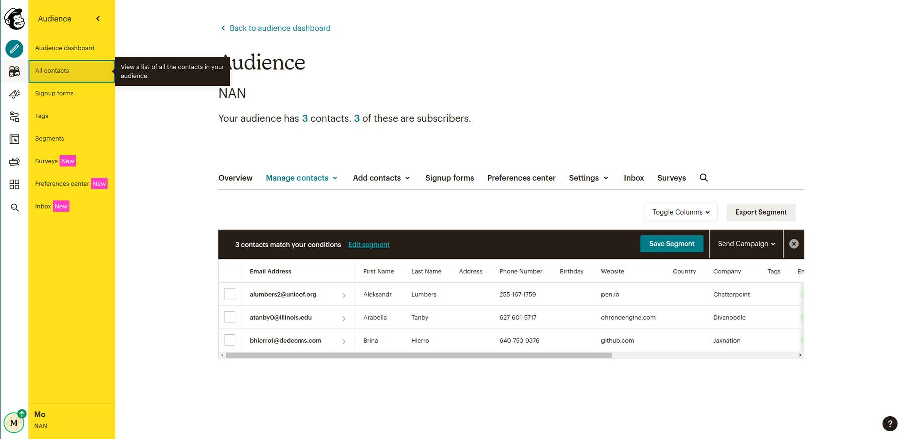 Tomba Mailchimp integration